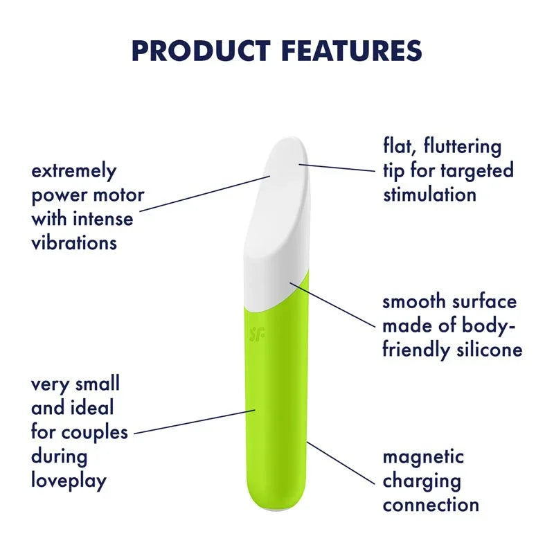 Satisfyer Ultra Power Bullet 7 - Bullet in Green, labelled feature diagram