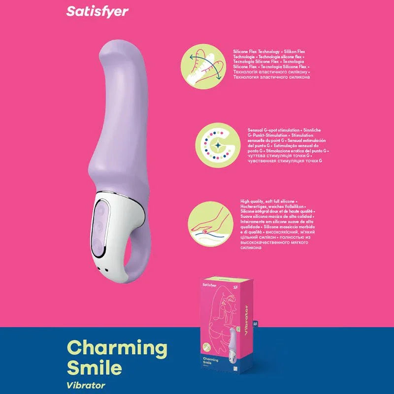 Satisfyer Vibes - Charming Smile - Vibrator in Lilac, product graphic with feature callouts