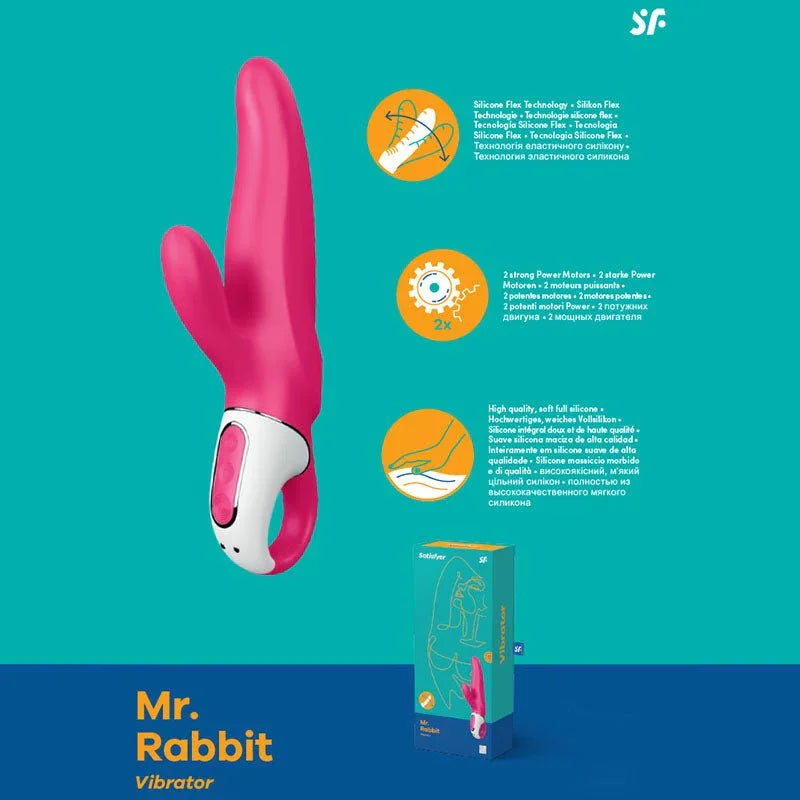 Satisfyer Vibes - Mister Rabbit - Rabbit Vibrator in Pink, product graphic with feature callouts