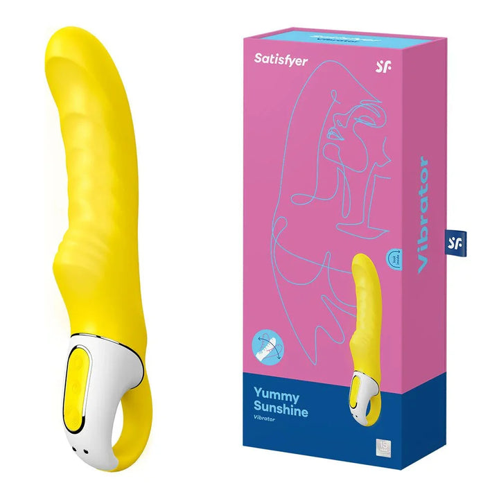 Satisfyer Vibes - Yummy Sunshine - Vibrator in Yellow beside its retail box