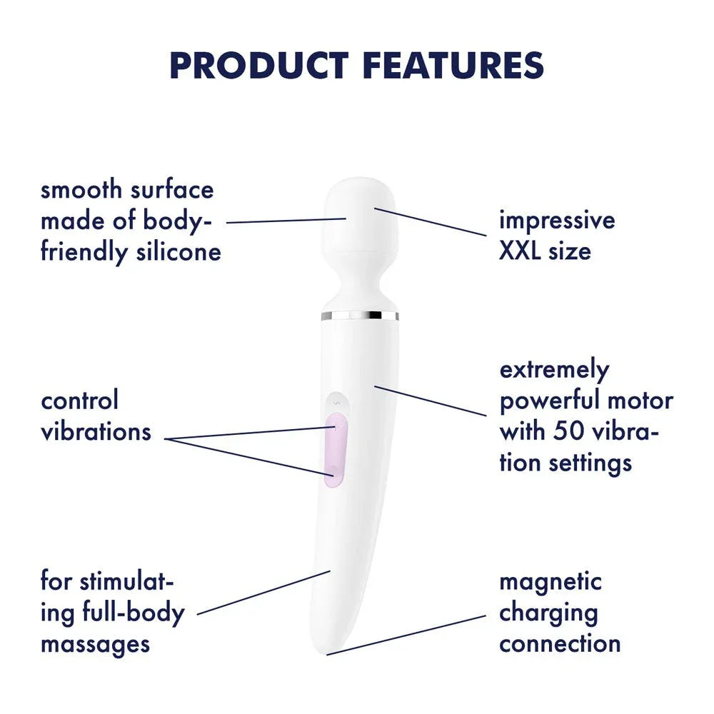 Satisfyer Wand-er Woman - Massager Wand in White, labelled feature diagram