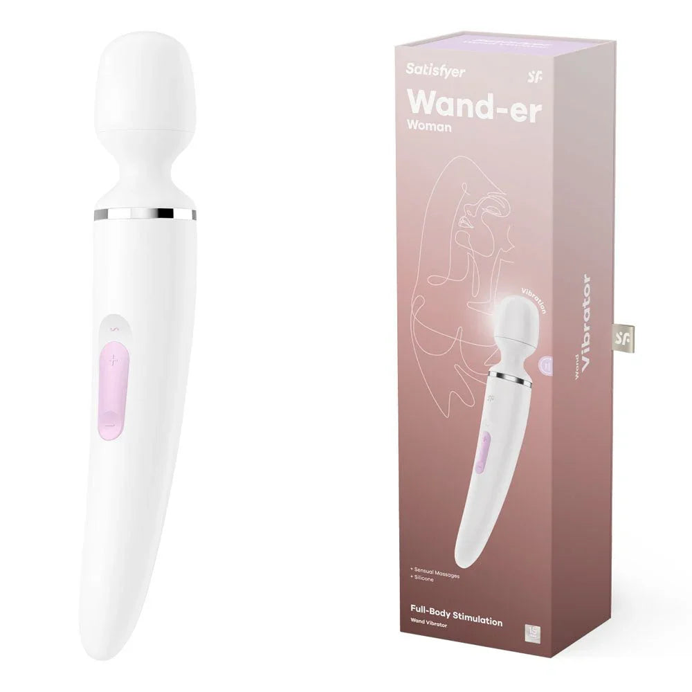 Satisfyer Wand-er Woman - Massager Wand in White beside its retail box