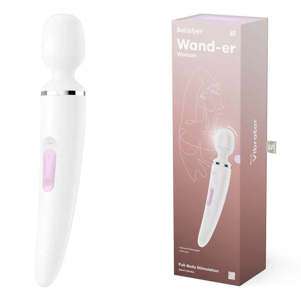 Satisfyer Wand-er Woman - Massager Wand in White beside its retail box
