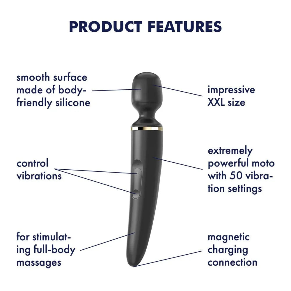 Satisfyer Wand-er Woman - Massager Wand in Black, labelled feature diagram