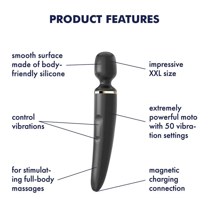 Satisfyer Wand-er Woman - Massager Wand in Black, labelled feature diagram