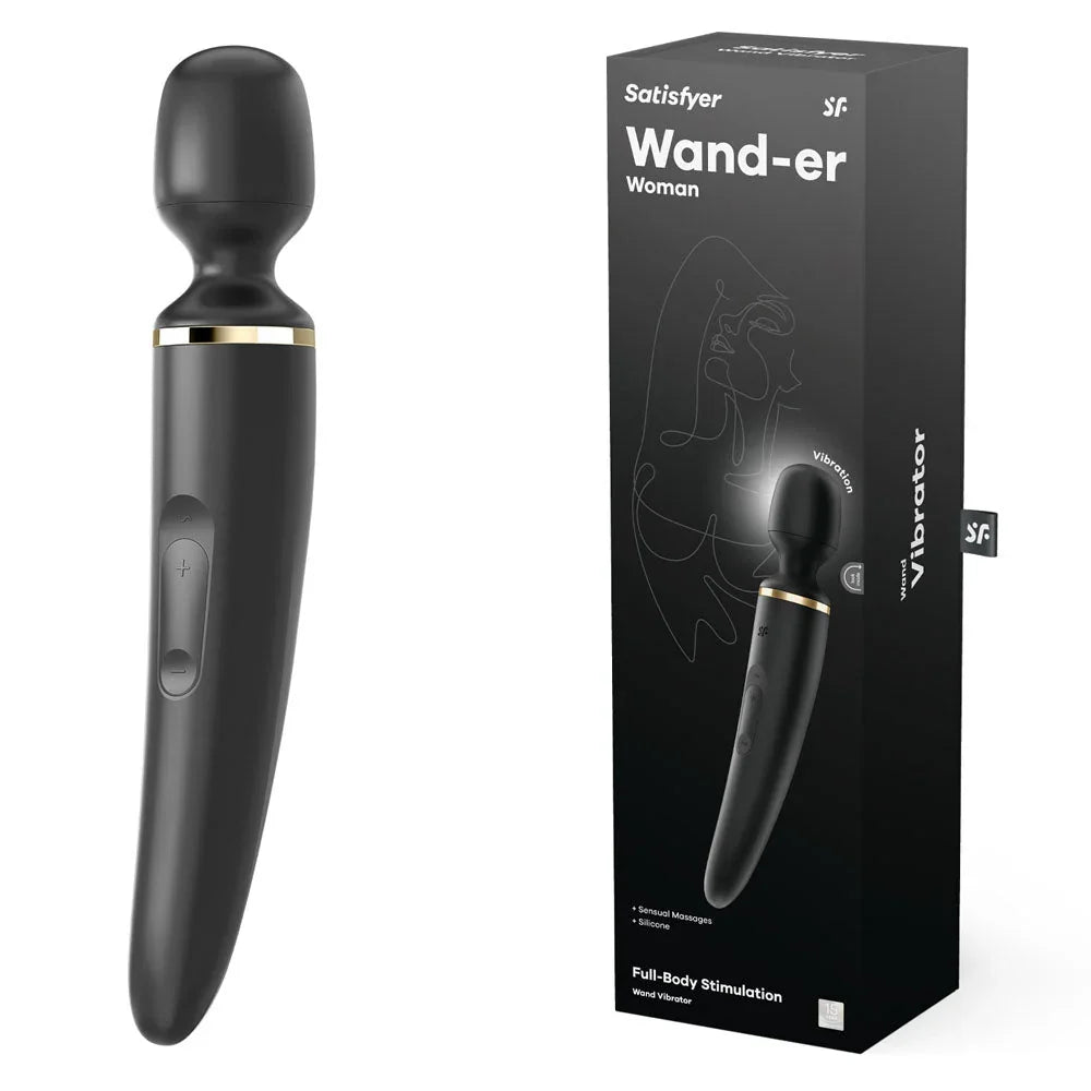Satisfyer Wand-er Woman - Massager Wand in Black beside its retail box