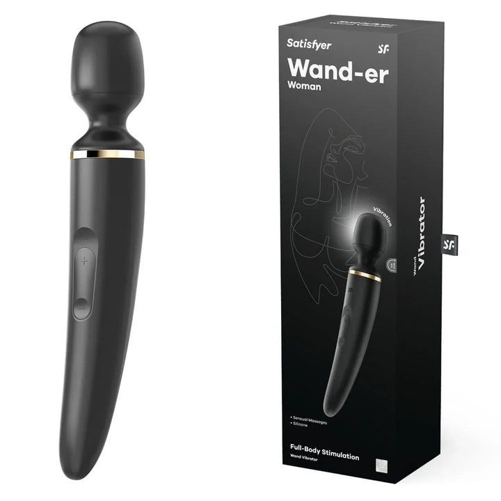 Satisfyer Wand-er Woman - Massager Wand in Black beside its retail box