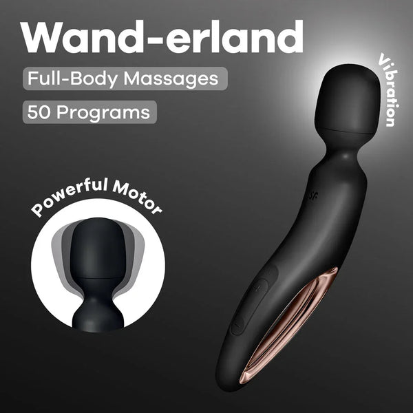 Satisfyer Wand-erland Wand Vibrator Massager in Black, product graphic with feature callouts