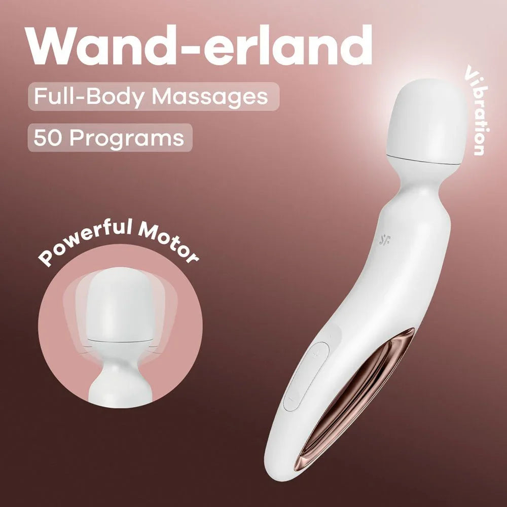 Satisfyer Wand-erland Wand Vibrator Massager in White, product graphic with feature callouts