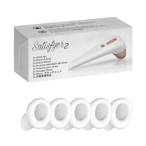 Satisfyer 2 Climax Heads: five white silicone heads beside the box
