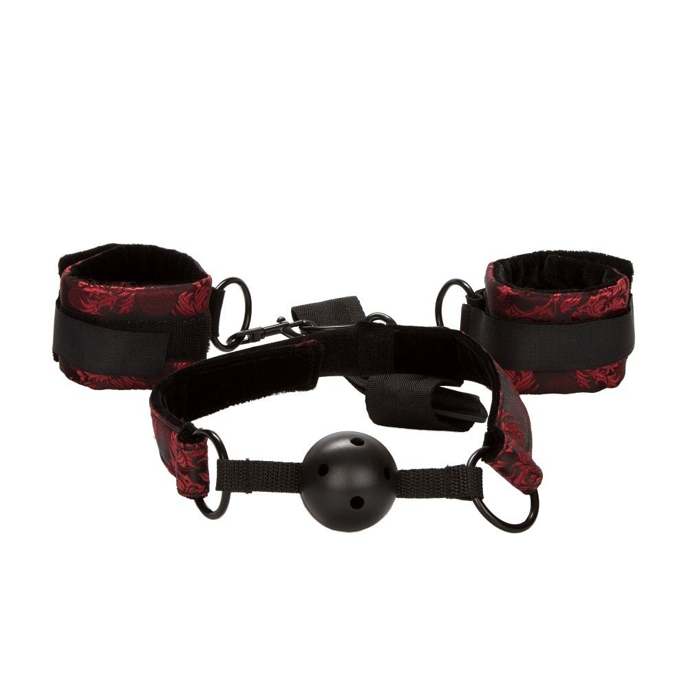 Scandal Breathable Ball Gag With Cuffs Red – Sex toys NZ by Naughtyhut. Discreet delivery nationwide.