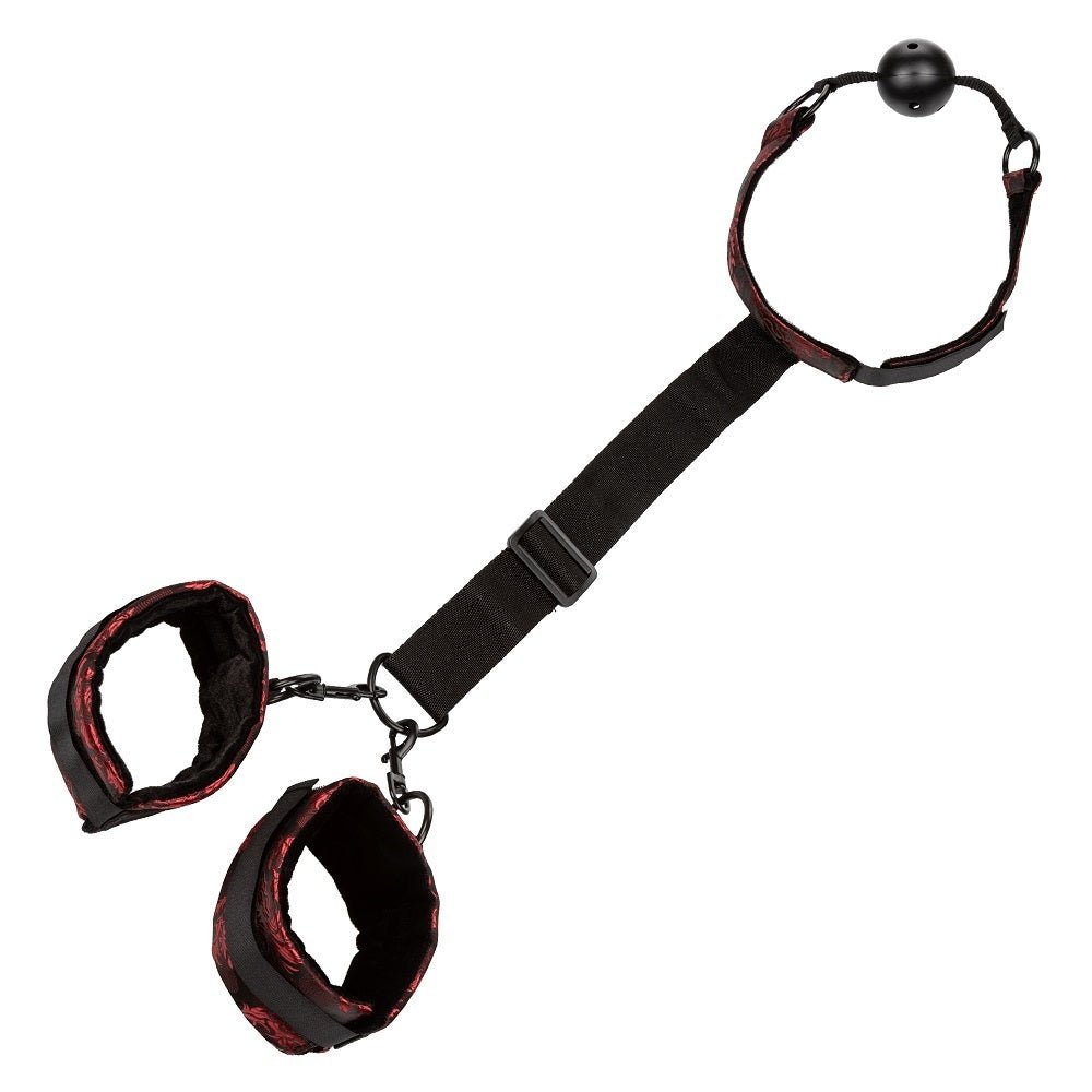 Scandal Breathable Ball Gag With Cuffs Red – Sex toys NZ by Naughtyhut. Discreet delivery nationwide.