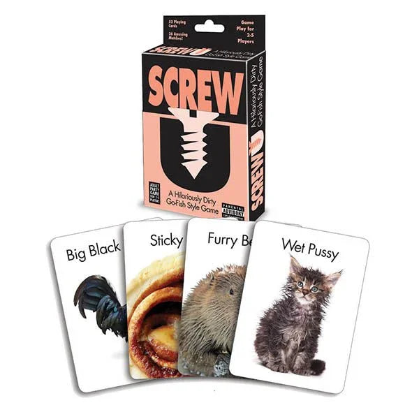Screw U card game, box with four illustrated pun cards fanned in front