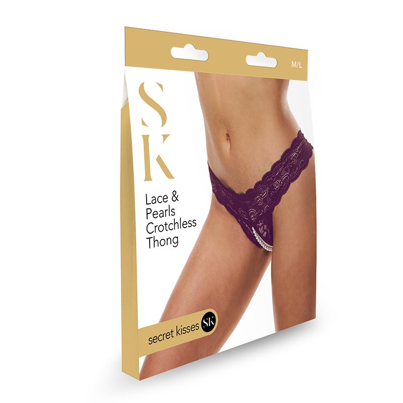 Buy Secret Kisses Lace & Pearls Crotchless Thong - Purple - M/L Size – Naughtyhut NZ sex toys online. Discreet delivery & top brands.