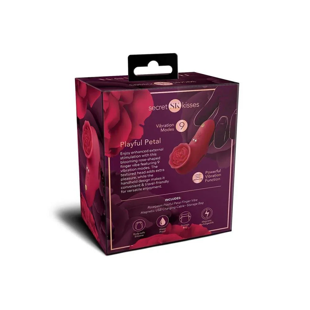 Secret Kisses Playful Petal box rear panel listing 9 vibration modes and contents