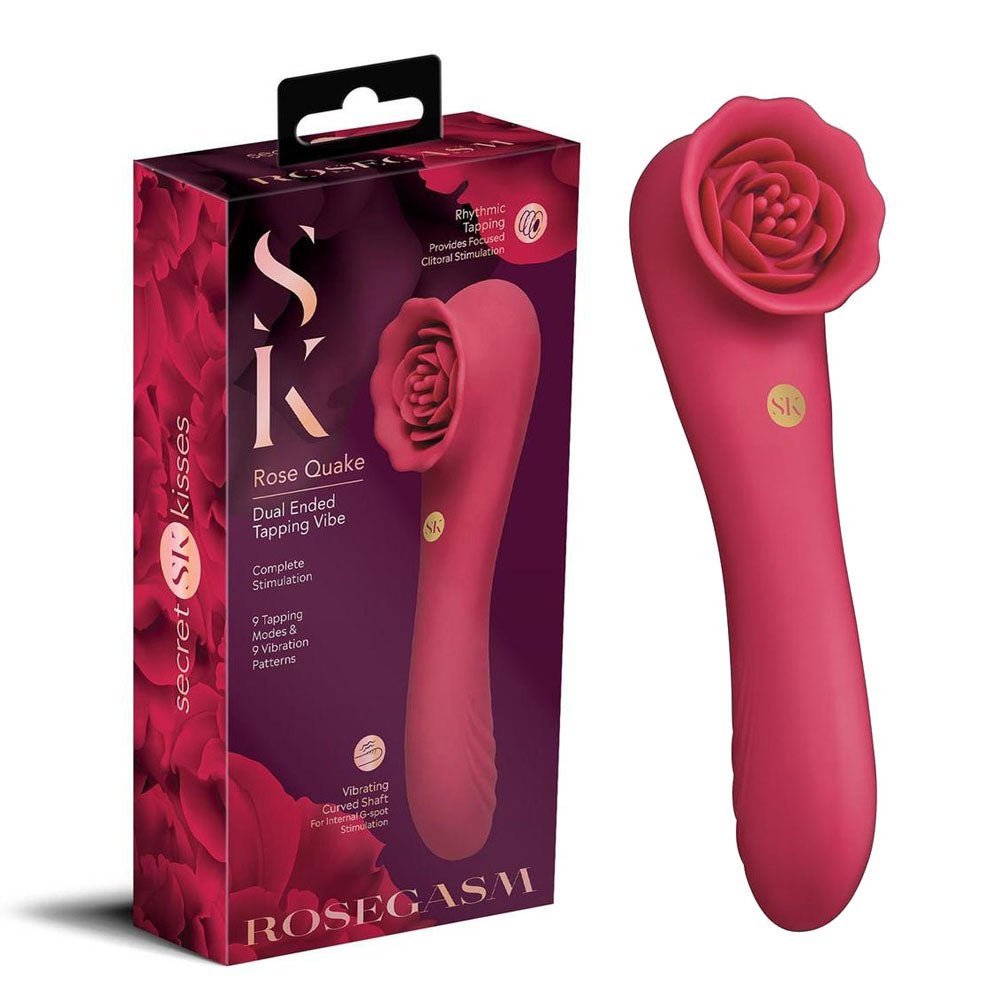 Secret Kisses ROSEGASM ROSE QUAKE - Red 18.8 cm USB Rechargeable Dual Ended Tapping Vibrator – Sex toys NZ by Naughtyhut. Discreet delivery nationwide.
