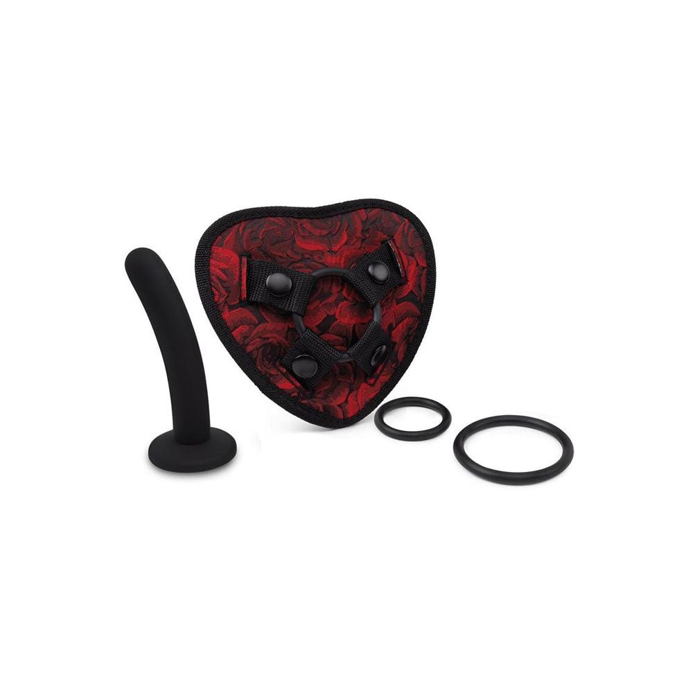 Buy Secret Kisses ROSEGASM STRAP - ON HARNESS with Dildo - Red/Black Heart - Shaped Strap - On with 5'' Dildo – Naughtyhut NZ sex toys online. Discreet delivery & top brands.