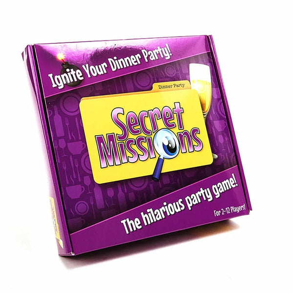 Secret Missions Dinner Party game, purple box with yellow mission folder art