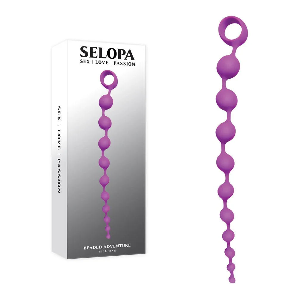 Selopa Beaded Adventure retail box beside the purple graduated silicone anal beads