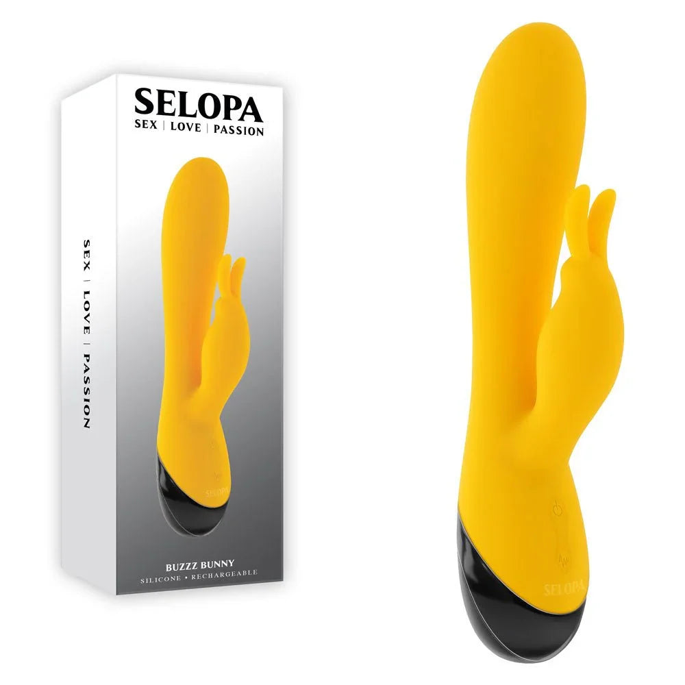 Selopa Buzzz Bunny yellow rabbit vibrator with black base, beside its retail box