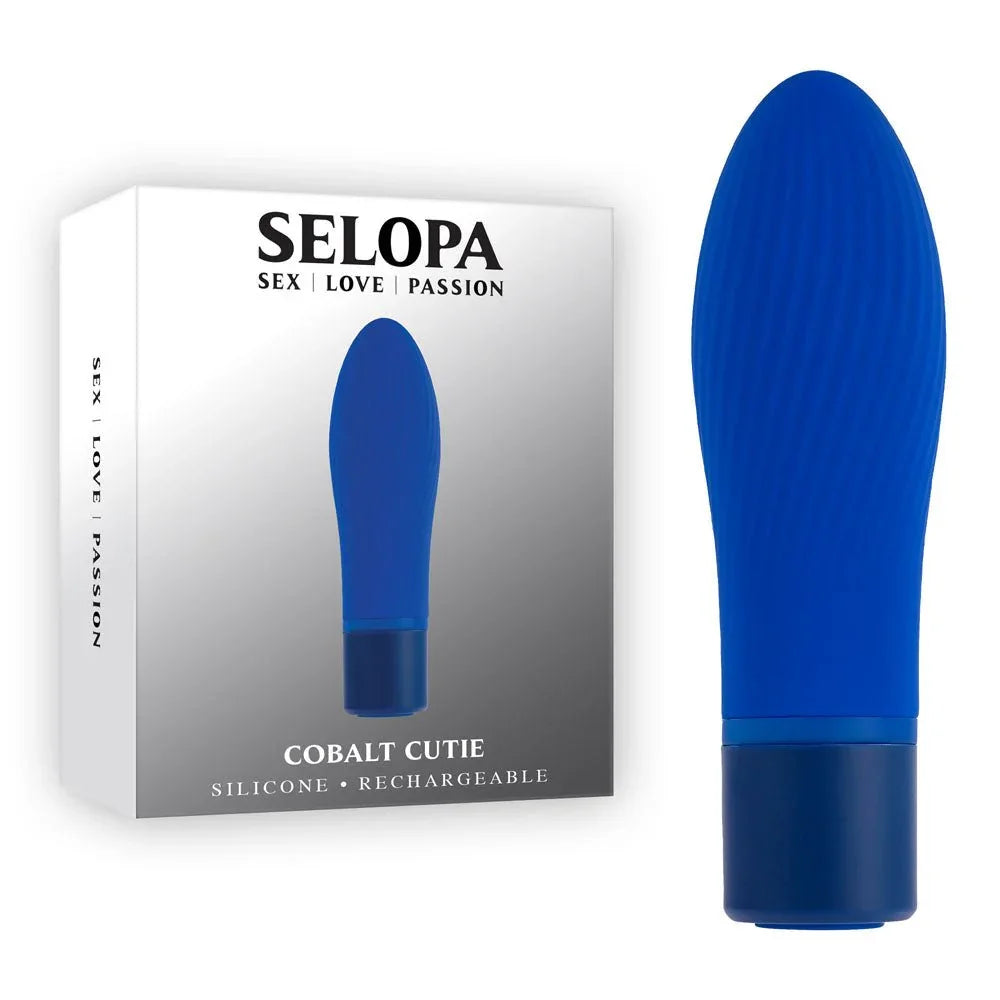 Selopa Cobalt Cutie retail box beside the blue ridged silicone bullet