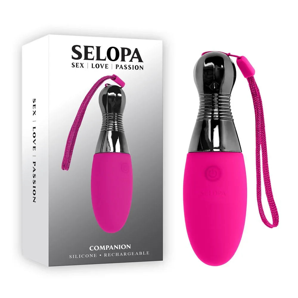 Selopa Companion retail box beside the pink egg with its chrome cap and wrist cord