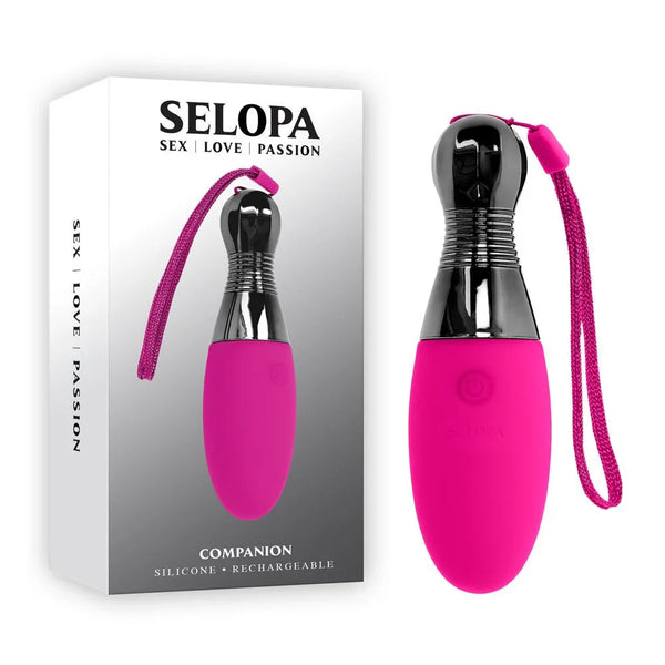 Selopa Companion retail box beside the pink egg with its chrome cap and wrist cord