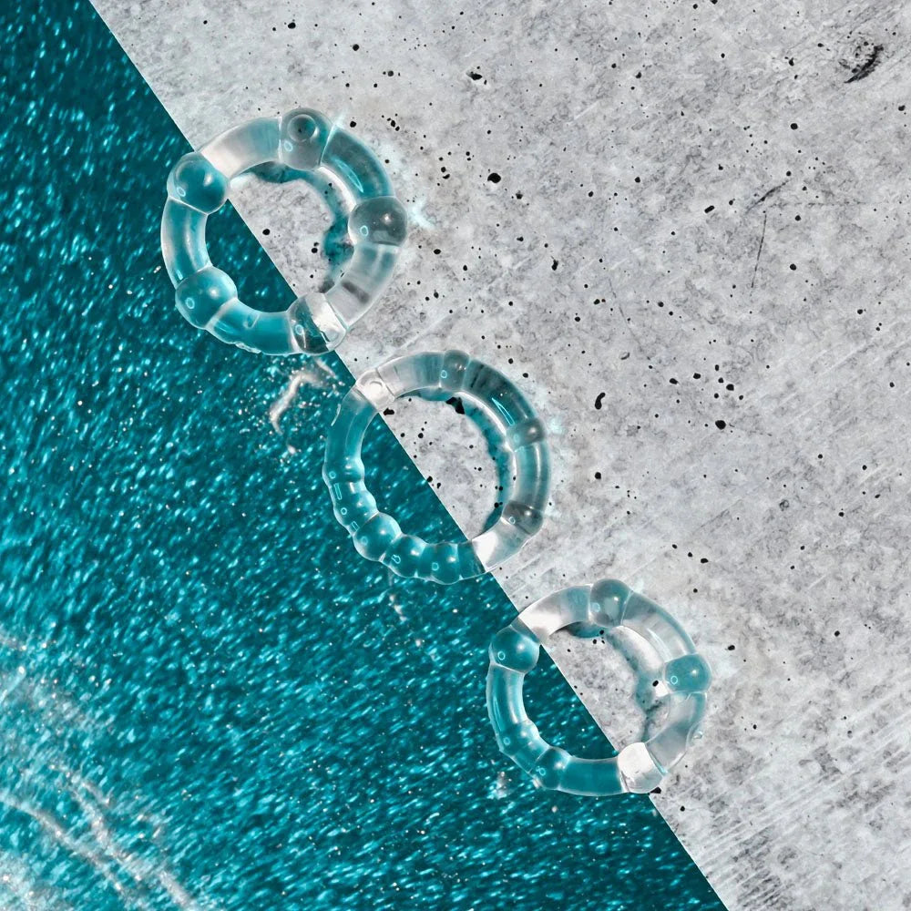 The three erection rings spaced out diagonally across concrete and water
