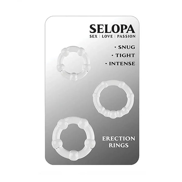 Selopa Erection Rings blister card with three clear beaded rings in graduating sizes