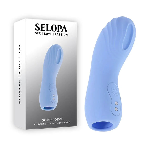 Selopa Good Point light blue vibrating finger stimulator beside its retail box