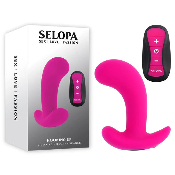 Selopa Hooking Up retail box beside the pink curved vibrator and its remote