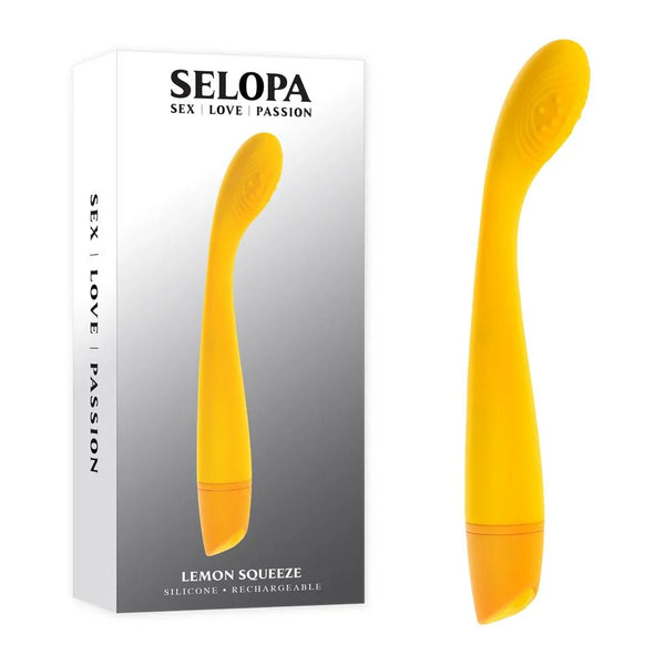 Selopa Lemon Squeeze retail box beside the yellow silicone G-spot vibrator