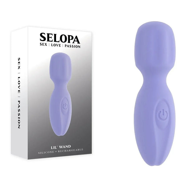 Selopa Lil' Wand purple mini massage wand beside its retail box