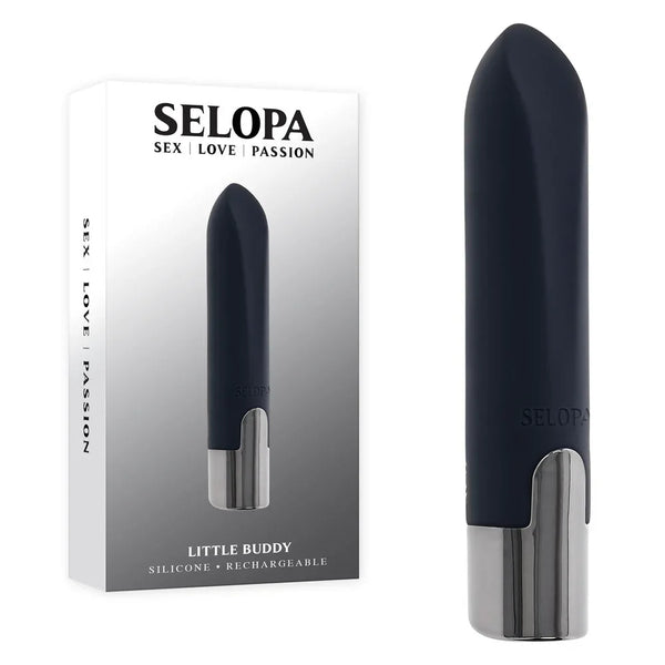 Selopa Little Buddy retail box beside the black bullet with its chrome base