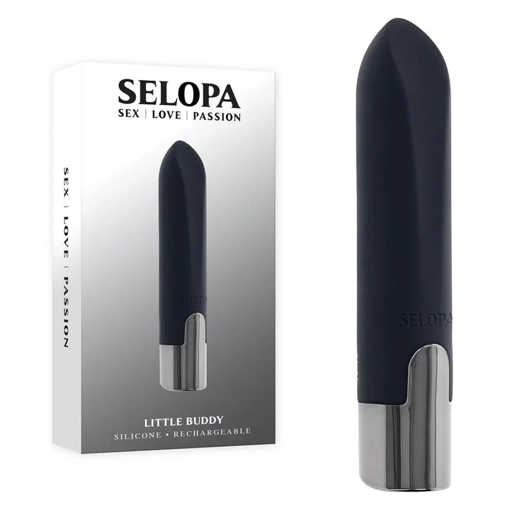 Selopa Little Buddy retail box beside the black bullet with its chrome base