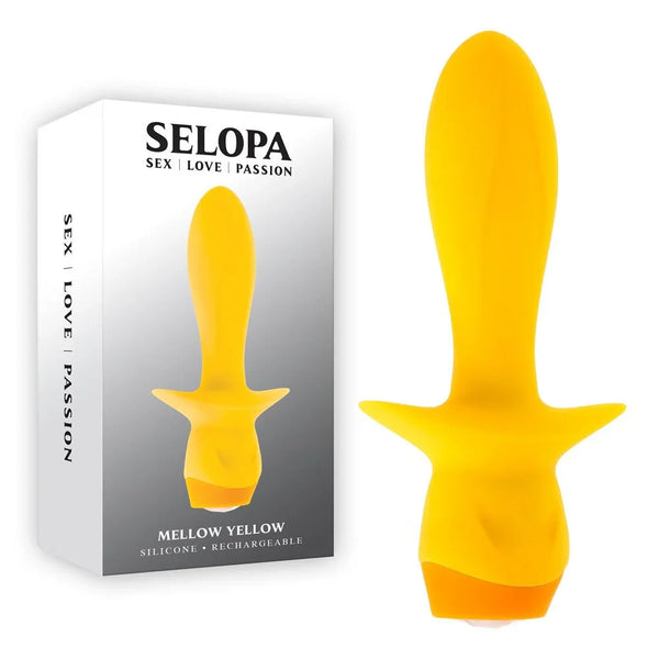 Selopa Mellow Yellow retail box beside the yellow silicone vibrating anal plug