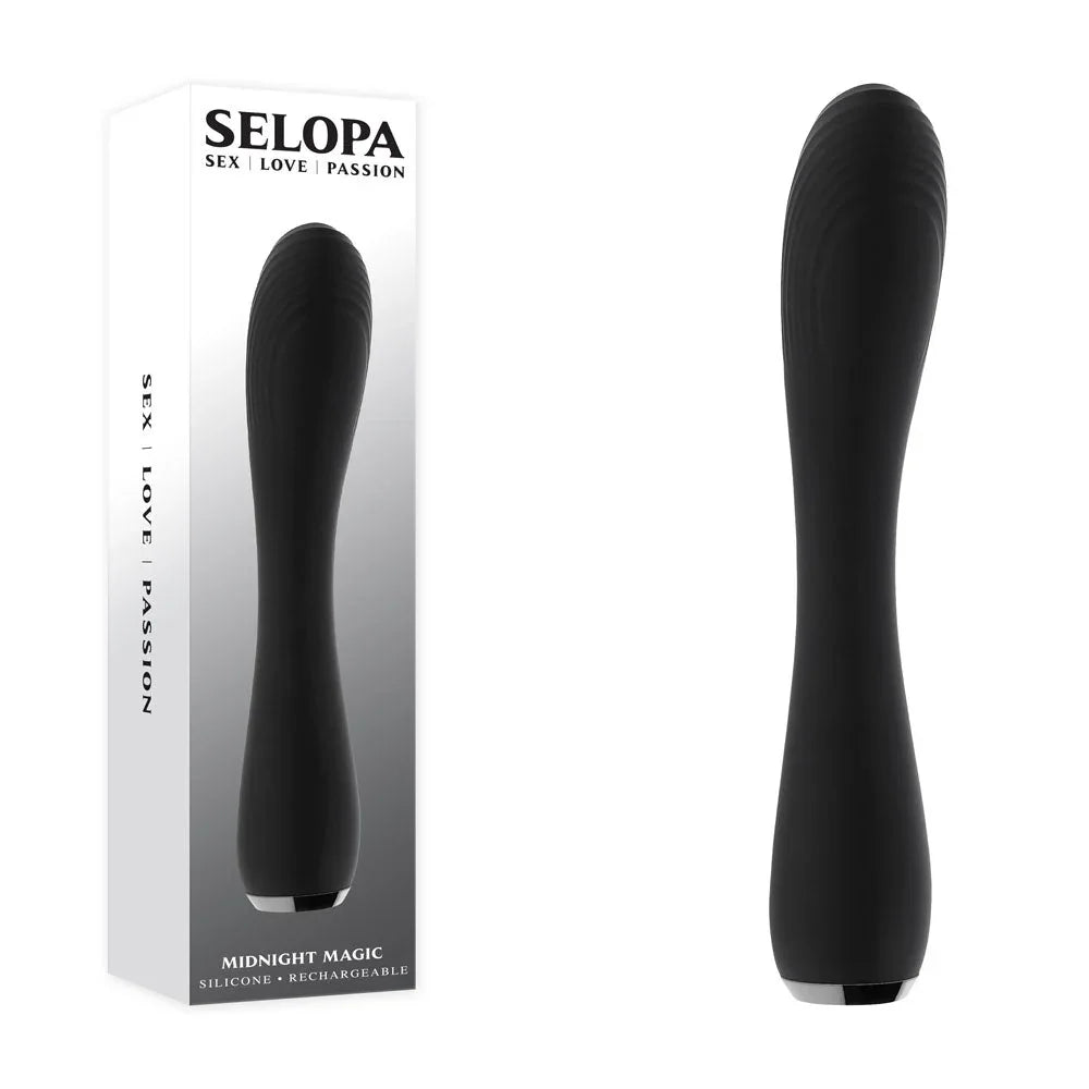 Selopa Midnight Magic retail box beside the black ribbed silicone vibrator