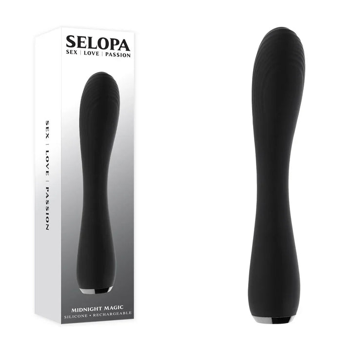 Selopa Midnight Magic retail box beside the black ribbed silicone vibrator