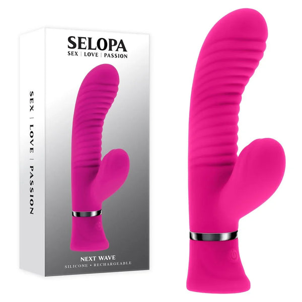 Selopa Next Wave retail box beside the pink ribbed dual vibrator
