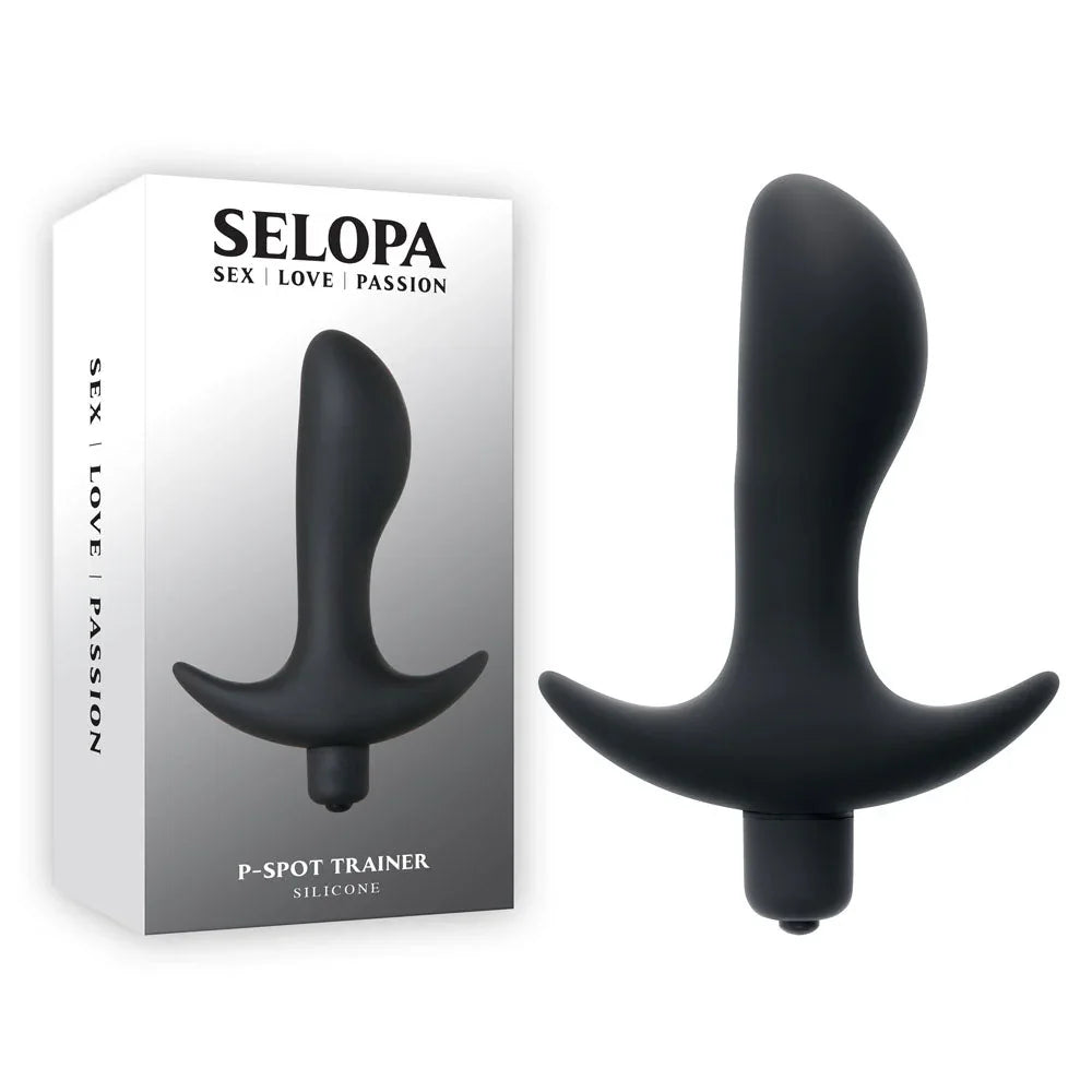 Selopa P-Spot Trainer retail box beside the black silicone prostate massager