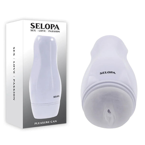 Selopa Pleasure Can retail box beside the white moulded stroker