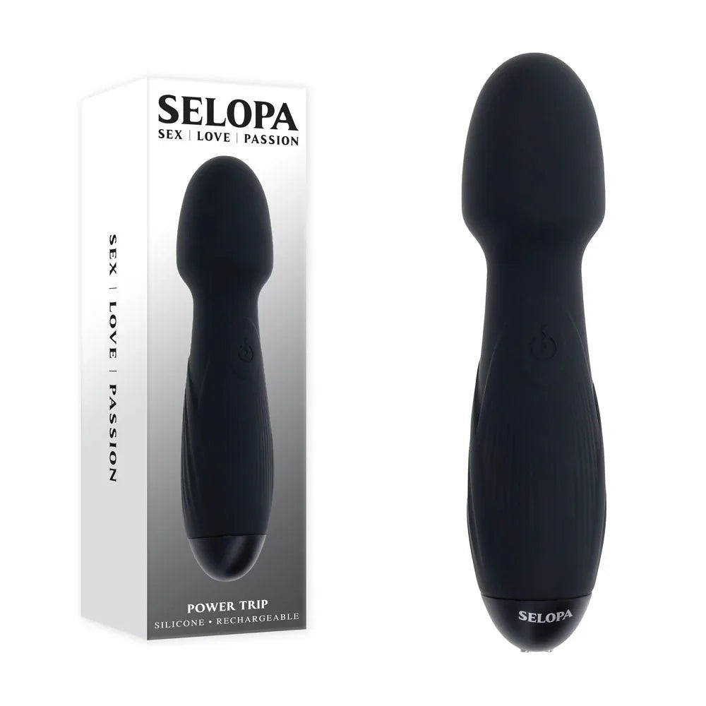 Selopa Power Trip retail box beside the black silicone massage wand
