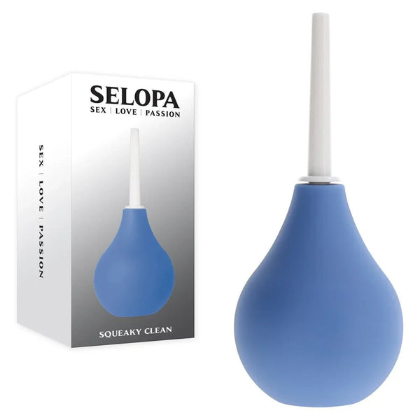Selopa Squeaky Clean retail box beside the blue silicone douche bulb