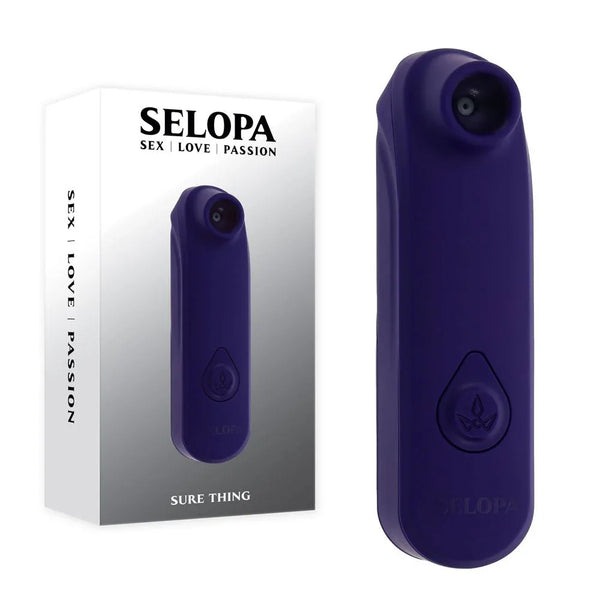 Selopa Sure Thing purple vibrating and sucking stimulator beside its retail box