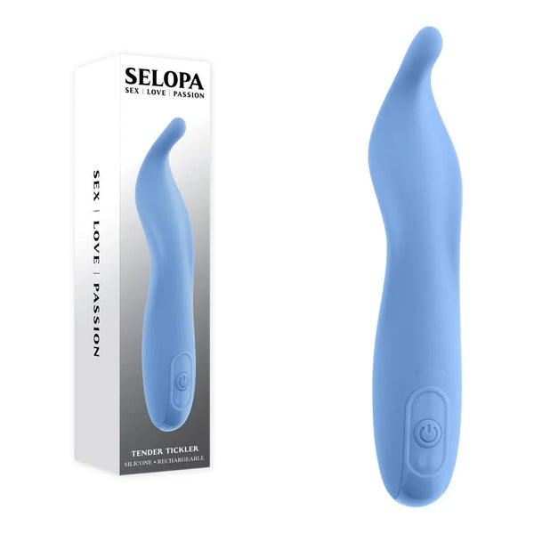 Selopa Tender Tickler blue pinpoint stimulator with a curved tip, beside its box