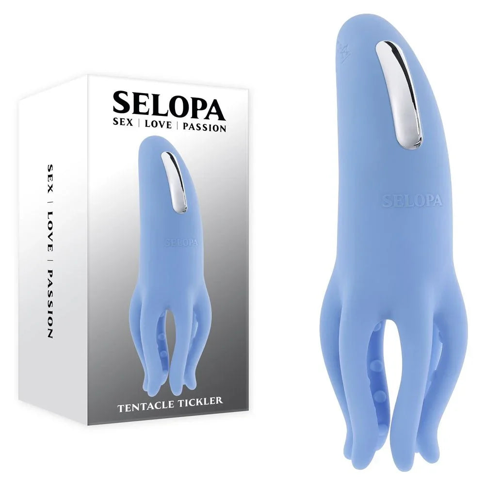 Selopa Tentacle Tickler blue stimulator with four soft prongs, beside its retail box