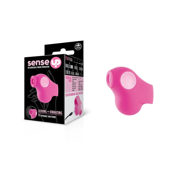 Sense Up finger stimulator in Pink, licking-tip finger sleeve beside its black box