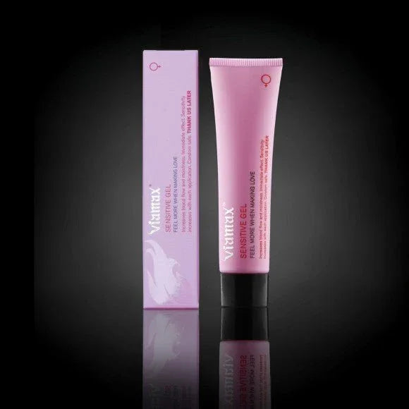 Viamax Sensitive Gel 15 ml slim tube beside its lilac box on black