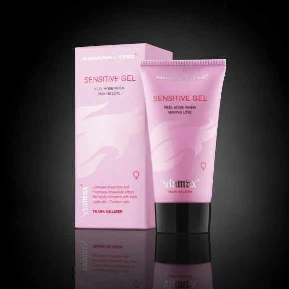 Viamax Sensitive Gel, pink 50 ml tube beside its box on black