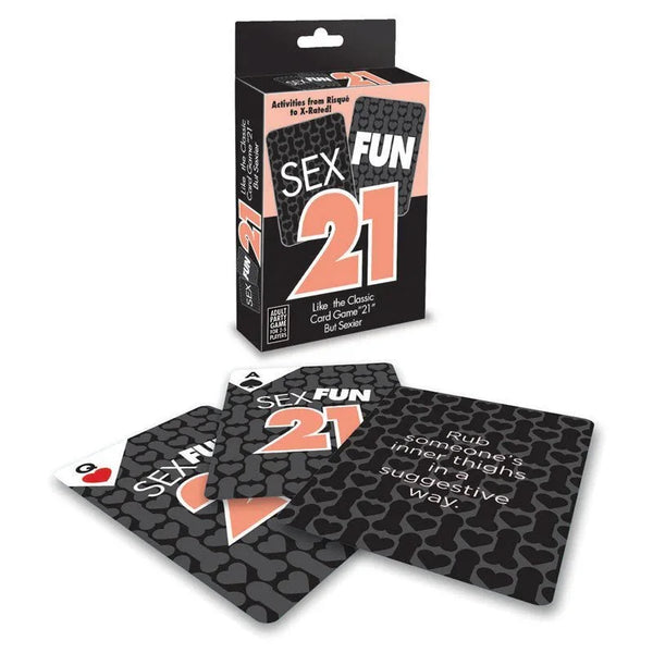 Sex Fun 21 card game, box with three black activity cards fanned in front